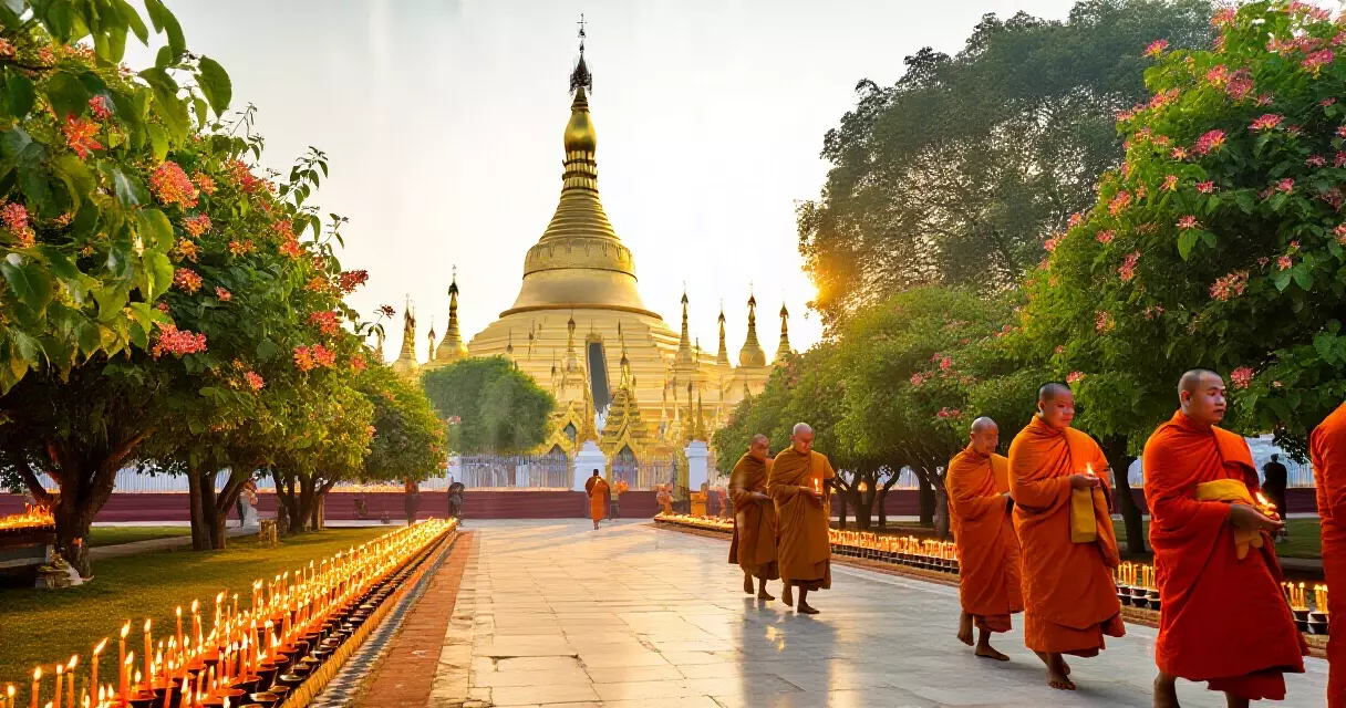 မြန်မာ့ ဘုရားကျောင်းတွင် ရဟန်းသံဃာတော်များ နံနက်ဆွမ်းကပ်မှု ဓလေ့ ပြုလုပ်နေသောပုံ