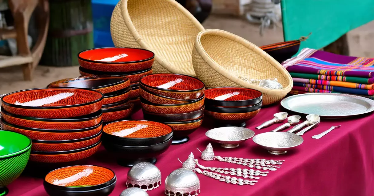 ရန်ကုန်ဈေးတစ်ခုတွင် ယွန်းထည်နှင့် ရိုးရာ လက်မှုပစ္စည်းများ ခင်းကျင်းပြသထားပုံ