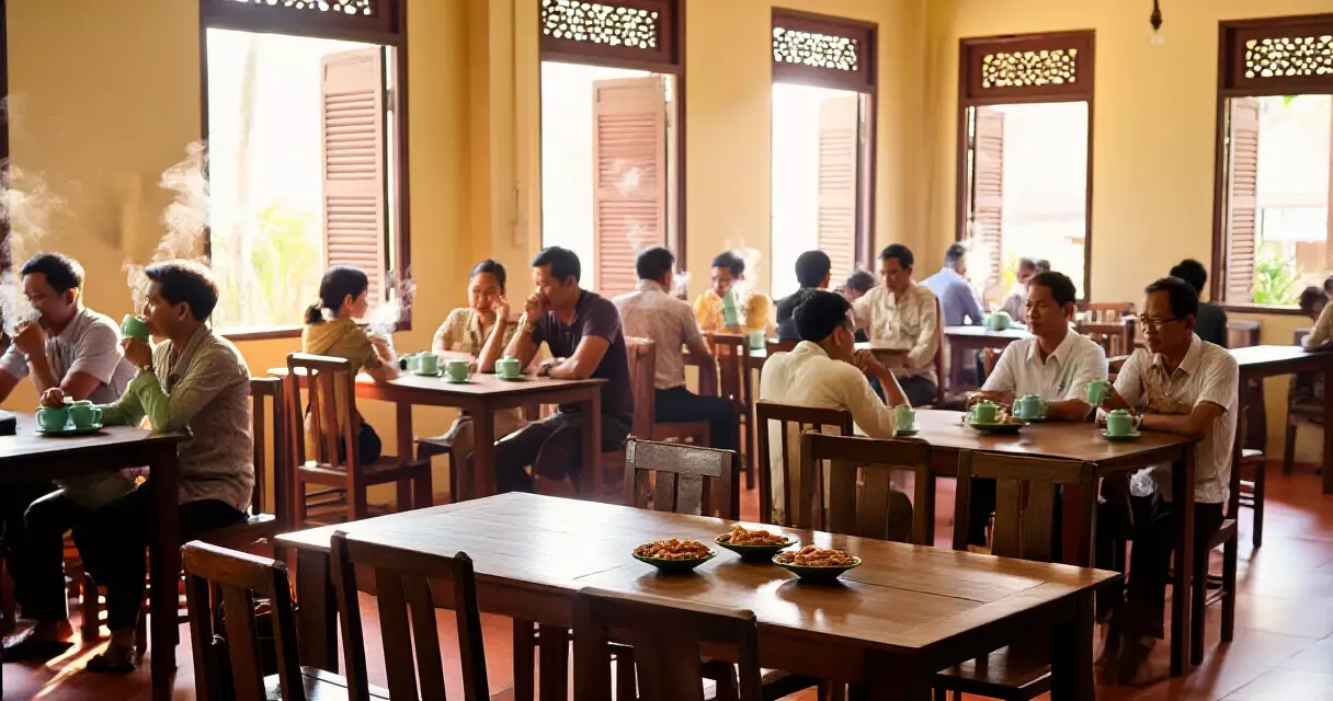 ရန်ကုန် ရိုးရာ လက်ဖက်ရည်ဆိုင် အတွင်းပိုင်းတွင် မနက်ခင်း အချိန် ဖောက်သည်များ
