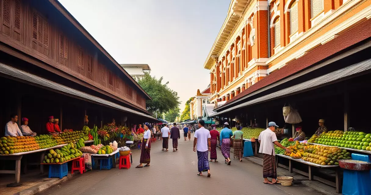 ရန်ကုန်မြို့ ရိုးရာ လမ်းဆုံ ဈေးဝယ်နေပုံ ဗြိတိသျှ ကိုလိုနီ ခေတ် အဆောက်အအုံများ နောက်ခံ
