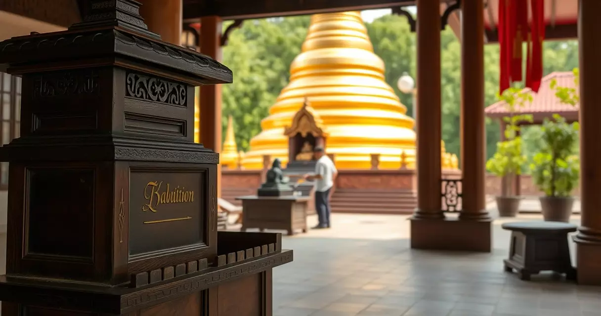 ရန်ကုန် ဘုရားဝင်းအတွင်း အလှူခံပုံးနှင့် ရွှေရောင် စေတီတော်
