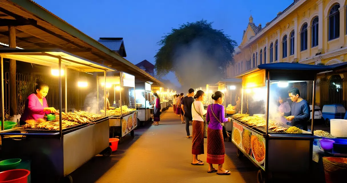 ရန်ကုန် ညဈေး တွင် မီးမွှေးကင်နှင့် ဒေသထွက်အစားအစာ ရောင်းချနေသော ဆိုင်ခင်းများ