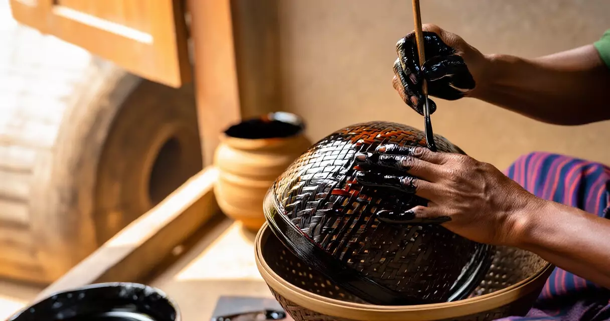ရန်ကုန် အလုပ်ရုံတွင် ယွန်းထည် ထုံးဆေး သုတ်နေသော လက်မှုပညာရှင်