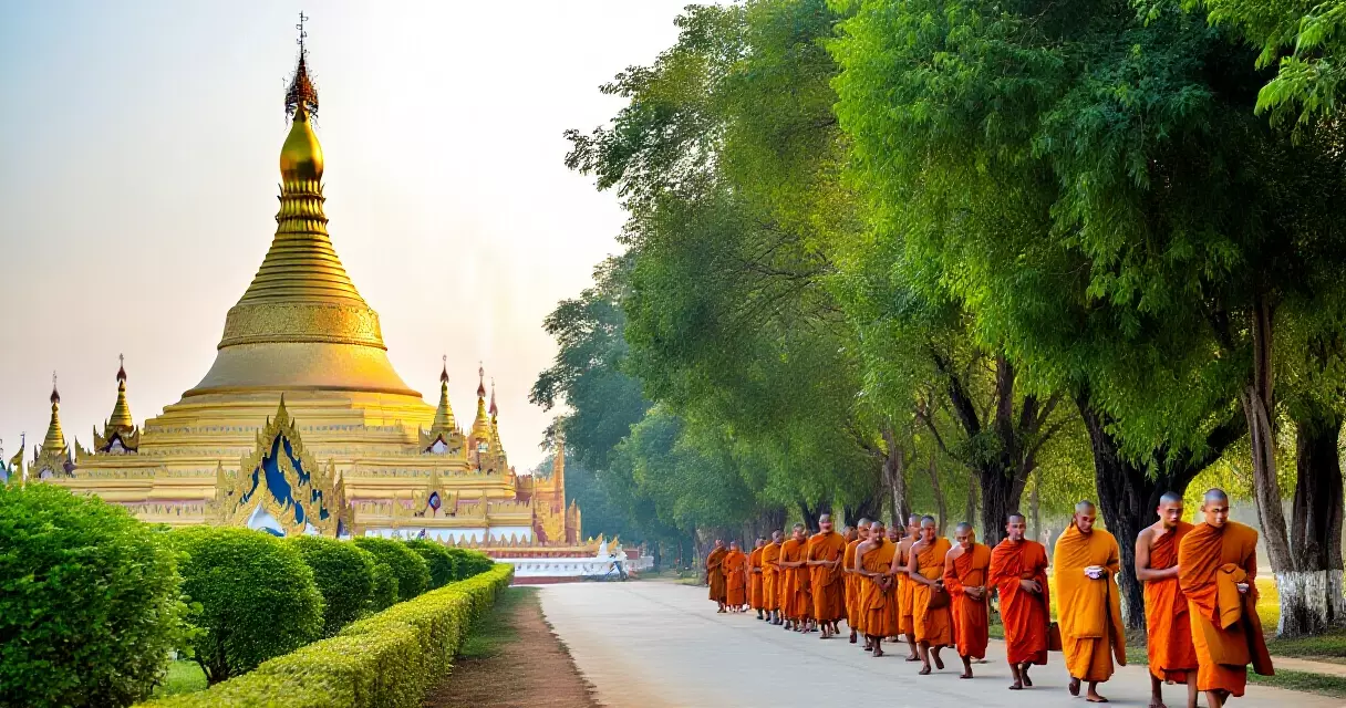 ရန်ကုန်မြို့ ဘုရားစေတီနား ရဟန်းသံဃာတော်များ နံနက်ချိန် ဆွမ်းခံကြသည့် မြင်ကွင်း