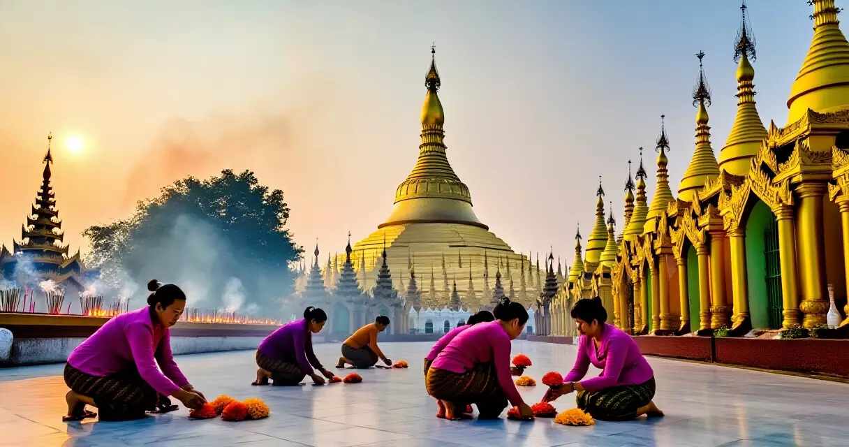 ရန်ကုန် ဘုရားတော်တွင် ပန်းပူဇော်နေသော ဒေသခံ ဘုရားဖူးများ
