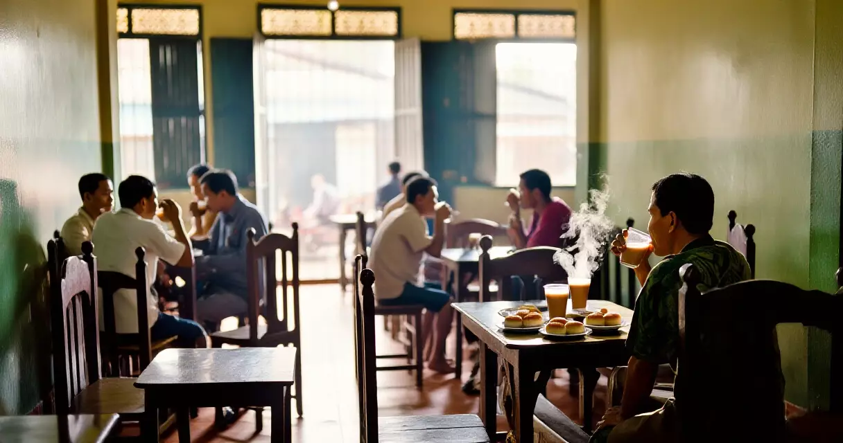 ရန်ကုန် ရိုးရာ လက်ဖက်ရည်ဆိုင် အတွင်းပိုင်း မနက်ခင်းအချိန်