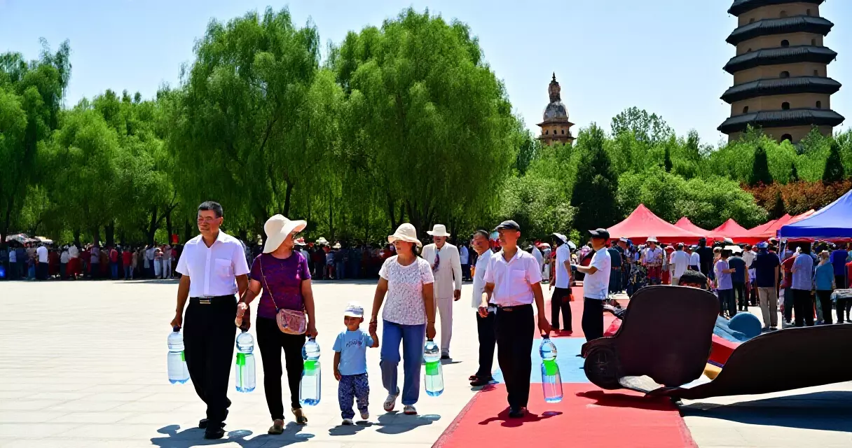 ဦးထုပ်ဆောင်း၍ ရေဘူး ကိုင်ထားသော မိသားစု ပွဲတော်တွင် လမ်းလျှောက်နေပုံ
