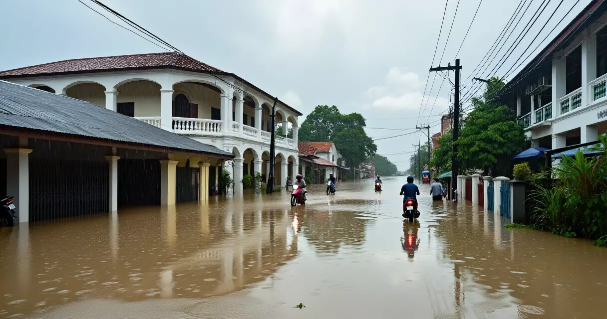 ရန်ကုန်မြို့ ရေကြီးသောလမ်းပေါ်တွင် လူများနှင့် ယာဉ်များ ဖြတ်သန်းနေသည့် မြင်ကွင်း
