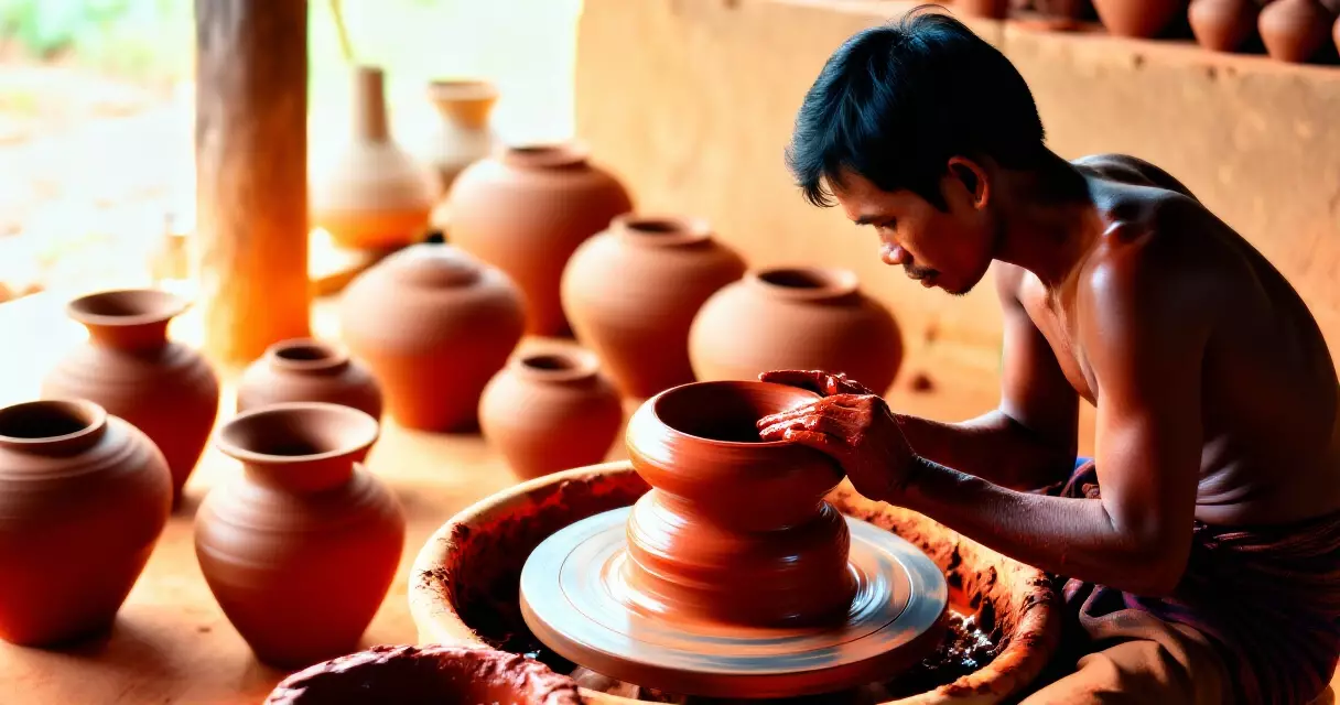 မြန်မာ မြေအိုးထည် ဆရာ ရိုးရာ ဘီးပေါ် မြေဆီ ပုံဖော်နေသည်