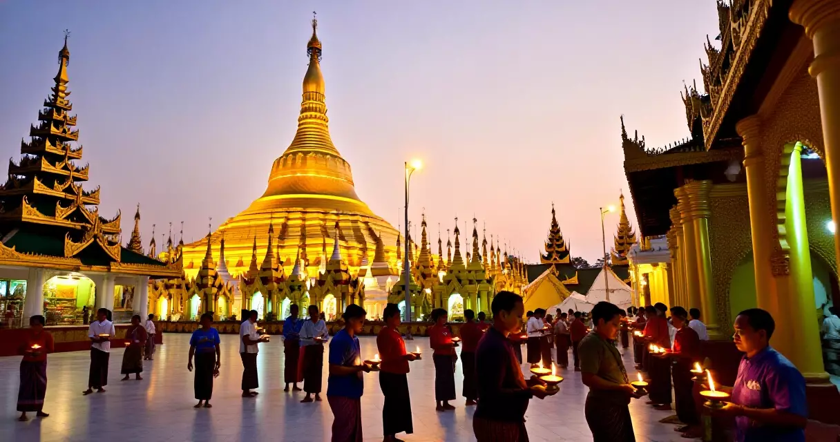 တပေါင်းပွဲတော်ည ဆီမီးကိုင်ဆောင်သူများနှင့် ရွှေရောင်တောက်သော ရွှေတိဂုံစေတီ