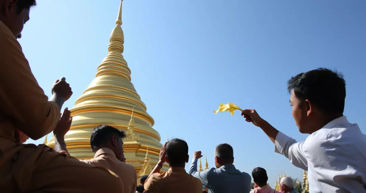 ရွှေတိဂုံ စေတီတော်တွင် ရွှေချ အလှူ ပြုလုပ်နေသော ဒါယကာများ