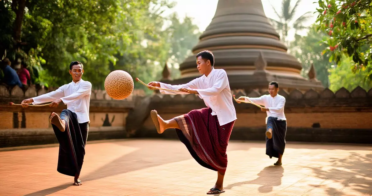 မြန်မာ ချင်းလုံးကစားသူများ ဘုရားဝင်းပတ်ဝန်းကျင်တွင် ကစားနေသည့် မြင်ကွင်း