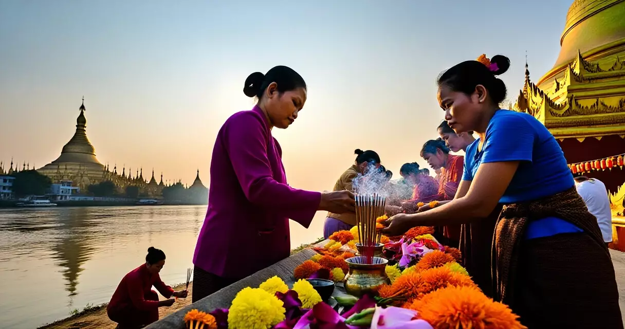 ဗိုလ်တထောင်ဘုရားတွင် ပန်းနှင့် နံ့သာတိုင် ကပ်လှူနေသော ဘုရားဖူးများ