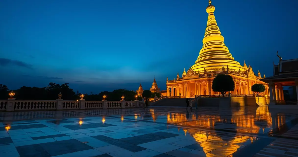 ည နေဝင်ချိန်တွင် အပြာရောင်ကောင်းကင်အောက် တောက်ပနေသော ရွှေတိဂုံစေတီတော်