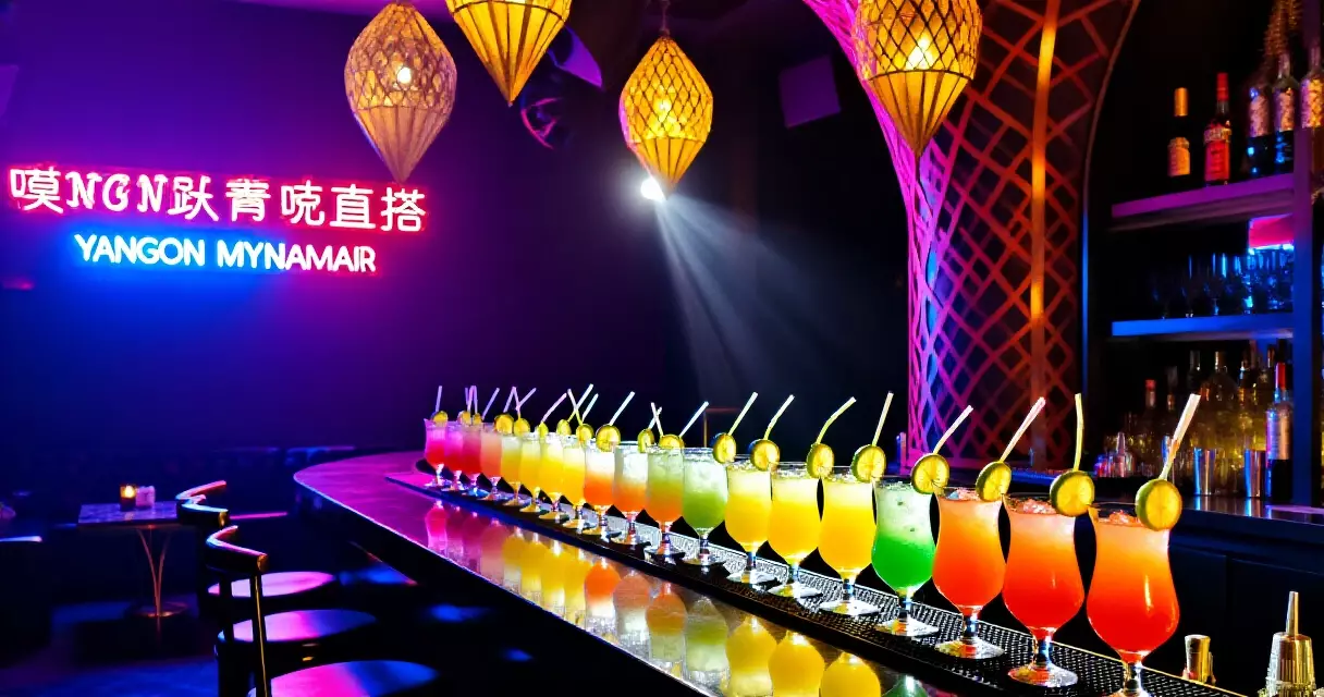 Mango Bar Yangon ၏ ကောင်တာပေါ်ရှိ မတူညီသော ကော့တေးများနှင့် ဖျော်ရည်မျိုးစုံ