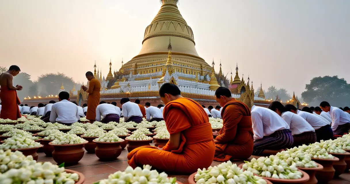 ရွှေတိဂုံစေတီတော် ပန်းပူဇော်ပွဲတွင် ဘာသာဝင်များ ဆုတောင်းနေကြသည်