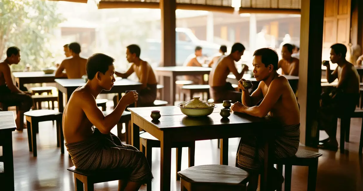 ရန်ကုန် လက်ဖက်ရည်ဆိုင် အတွင်းပိုင်းတွင် ဝန်ထမ်းများ တည်ငြိမ်စွာ ထိုင်နေသောပုံ
