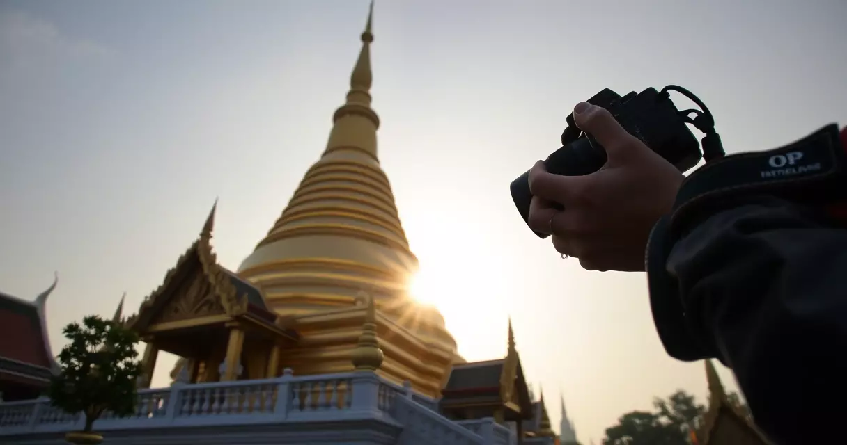 နံနက်ခင်း နူးညံ့သော အလင်းရောင်အောက် ရွှေစေတီကို အောက်ထောင့်မှ ရိုက်ကူးနေသော ဓာတ်ပုံဆရာ