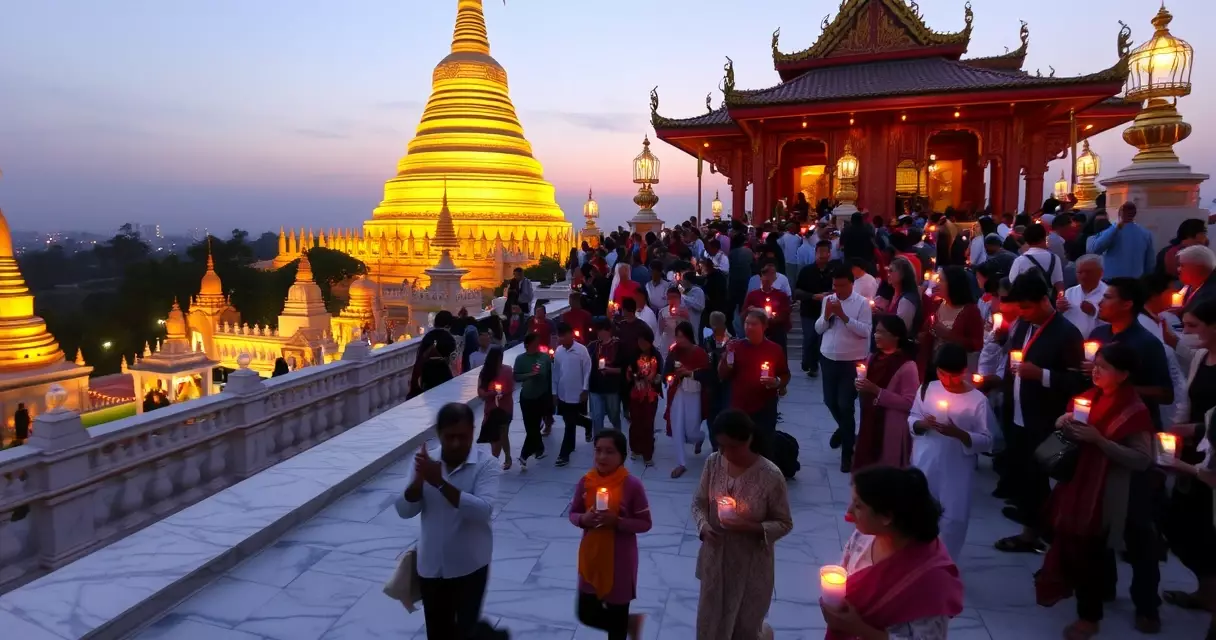 ဘုရားပွဲတော်ည ဆီမီးကိုင်ဆောင်ကာ ရင်ပြင်ပေါ် လှည့်လည်နေသော ဘုရားဖူးများ