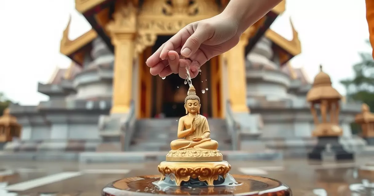 ဘုရားဖူးတစ်ဦး ဂြိုဟ်တိုင်ရှိ ဘုရားဆင်းတုပေါ် ရေသွန်းနေပုံ