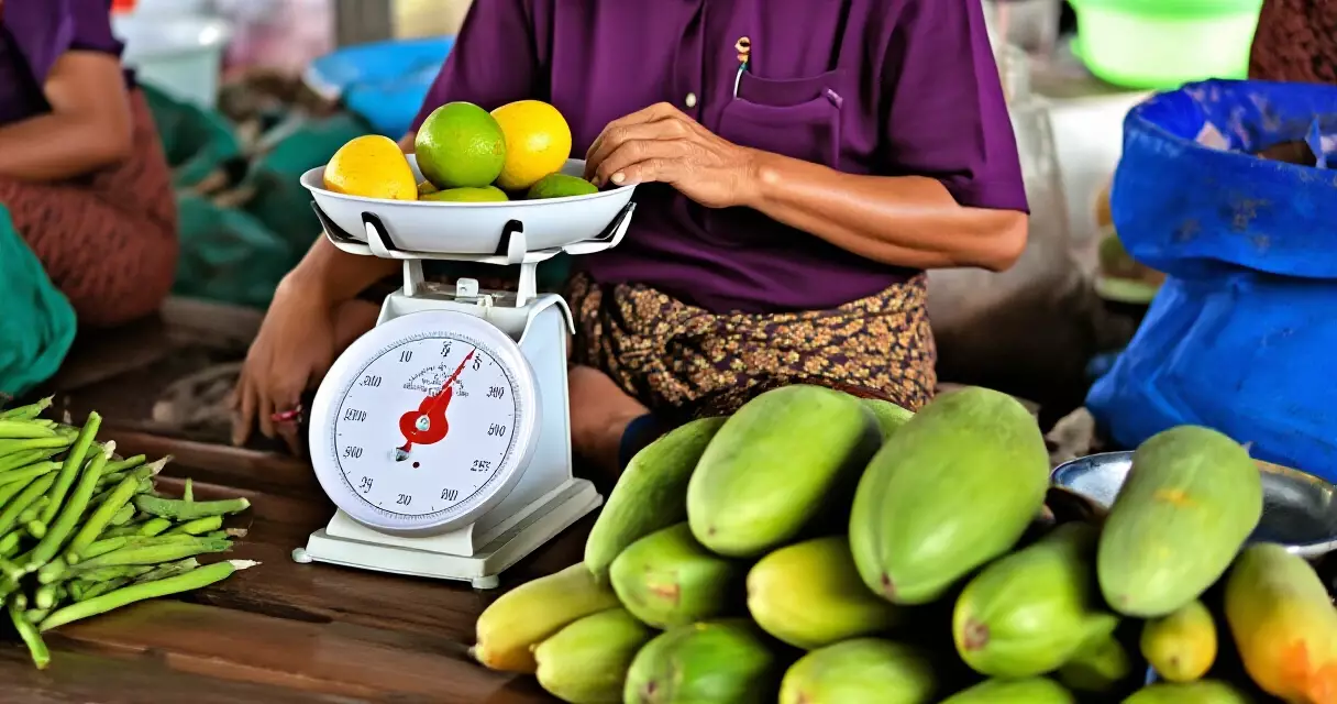 မင်္ဂလာဈေးတွင် ပစ္စည်း ချိန်တွယ်ရောင်းချနေသော ဆိုင်ရှင်