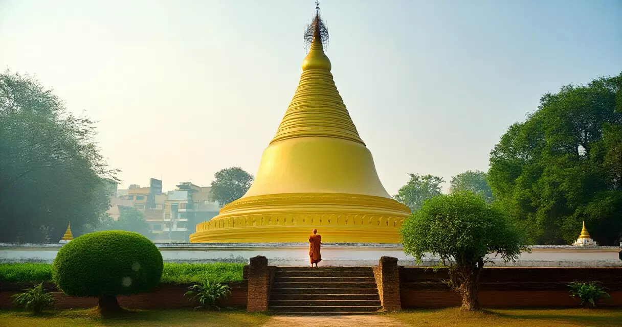 မြန်မာ ဘုန်းကြီးတစ်ပါး ရွှေဘုရားစေတီ ရှေ့တွင် မနက်ဦး အလင်းရောင်နှင့် ရပ်နေသောပုံ