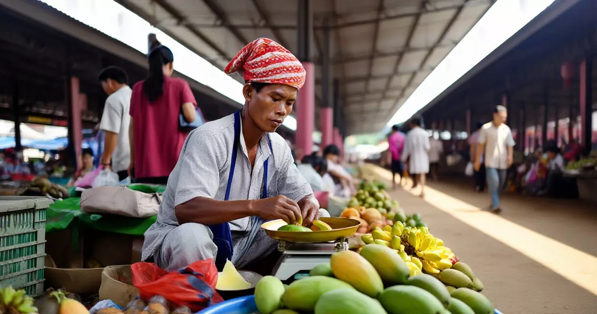 ညောင်ပင်လေးဈေးတွင် သစ်သီး ချိန်တွယ်ရောင်းချနေသော ဈေးသည်