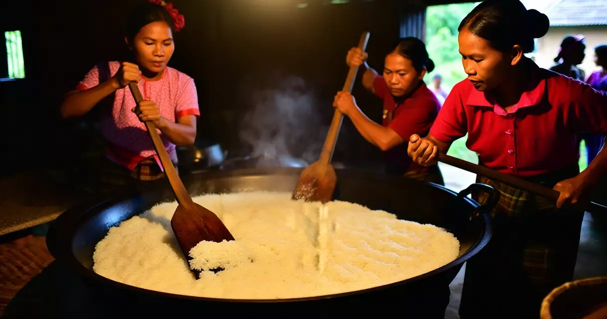တပေါင်းပွဲတွင် အိုးကြီးဖြင့် ထမနဲ ဖျော်ဖွဲ့နေသော ဒေသခံများ