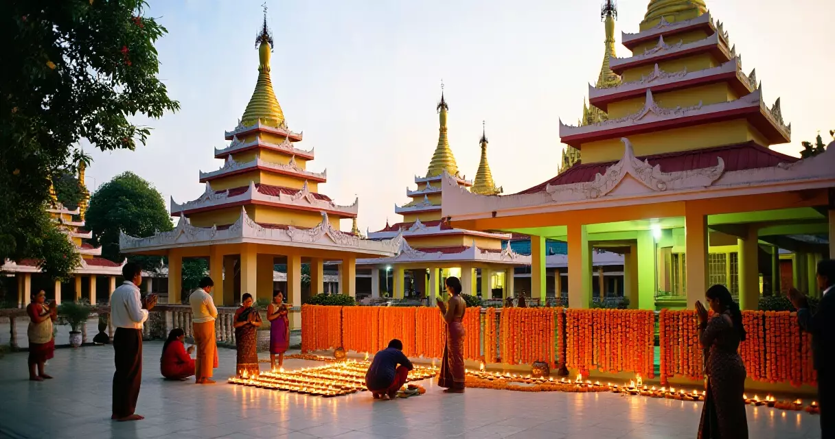 ရန်ကုန်မြို့ ဟိန္ဒူဘုရားကျောင်းတွင် ဆီမီးများနှင့် ပန်းများဖြင့် ဆုတောင်းနေသည့်မြင်ကွင်း
