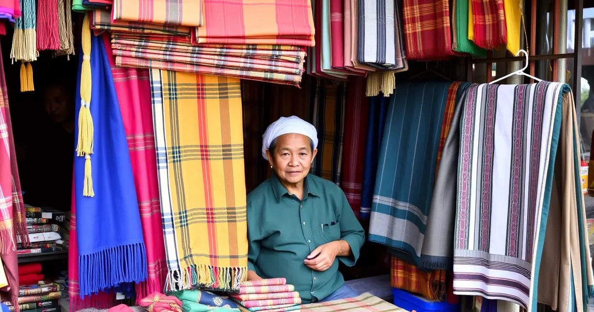 ရန်ကုန် ဈေးတစ်ခုရှိ ရိုးရာ အထည်အလိပ်နှင့် လုံချည်များ