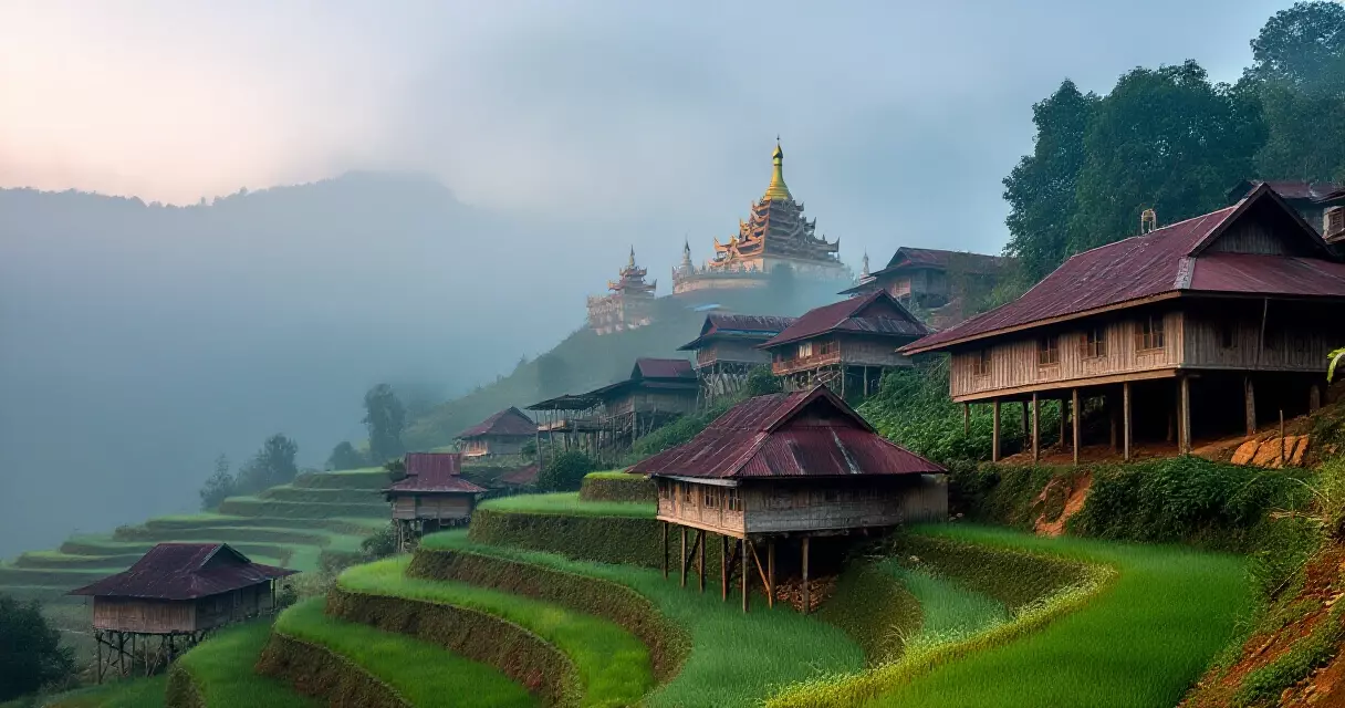 မြန်မာနိုင်ငံ မြောက်ပိုင်း တောင်တန်းဒေသ ရွာလေး နံနက်ခင်း ဗုဒ္ဓဘာသာ စေတီတော်
