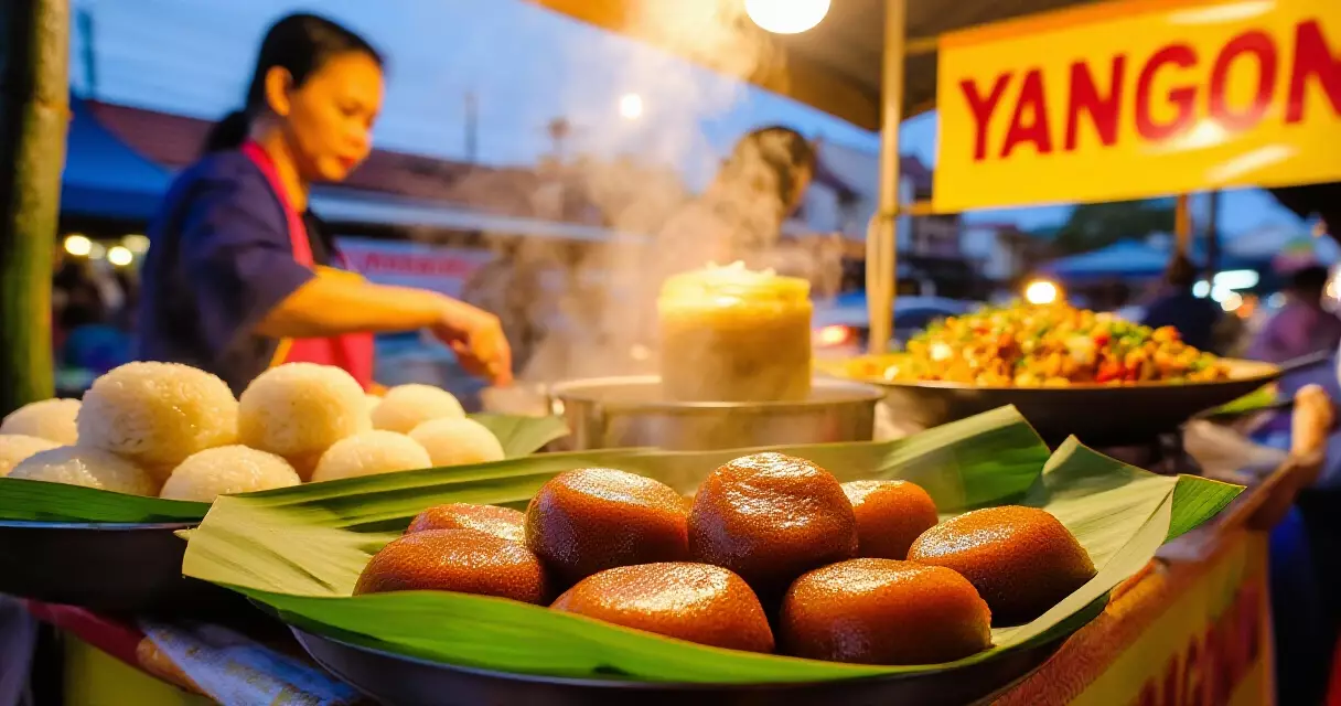 ရန်ကုန် ပွဲတော်တွင် ရိုးရာမုန့်နှင့် ဟင်းလျာ ရောင်းချသော လမ်းဘေးဆိုင်