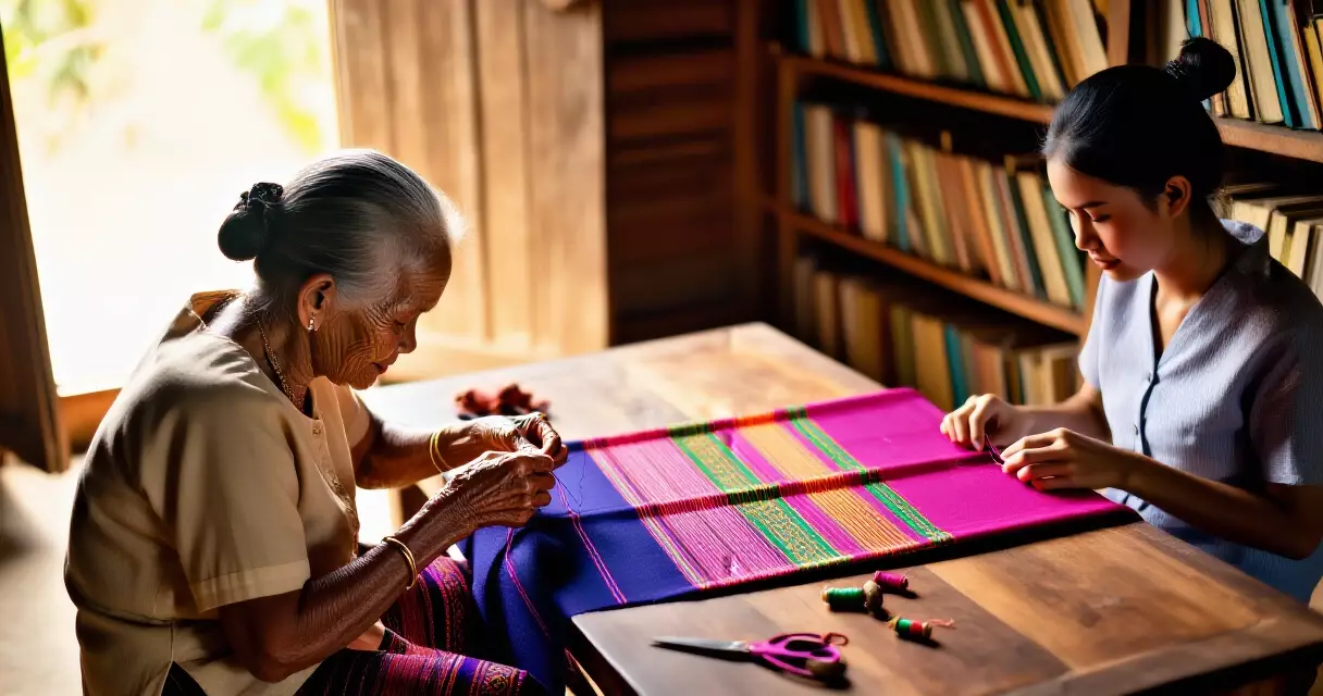 မွန်ရိုးရာ အဝတ်ချုပ် သင်ကြားနေသော မြင်ကွင်း ရန်ကုန် မွန်ပိဋကတ်စာကြည့်တိုက်