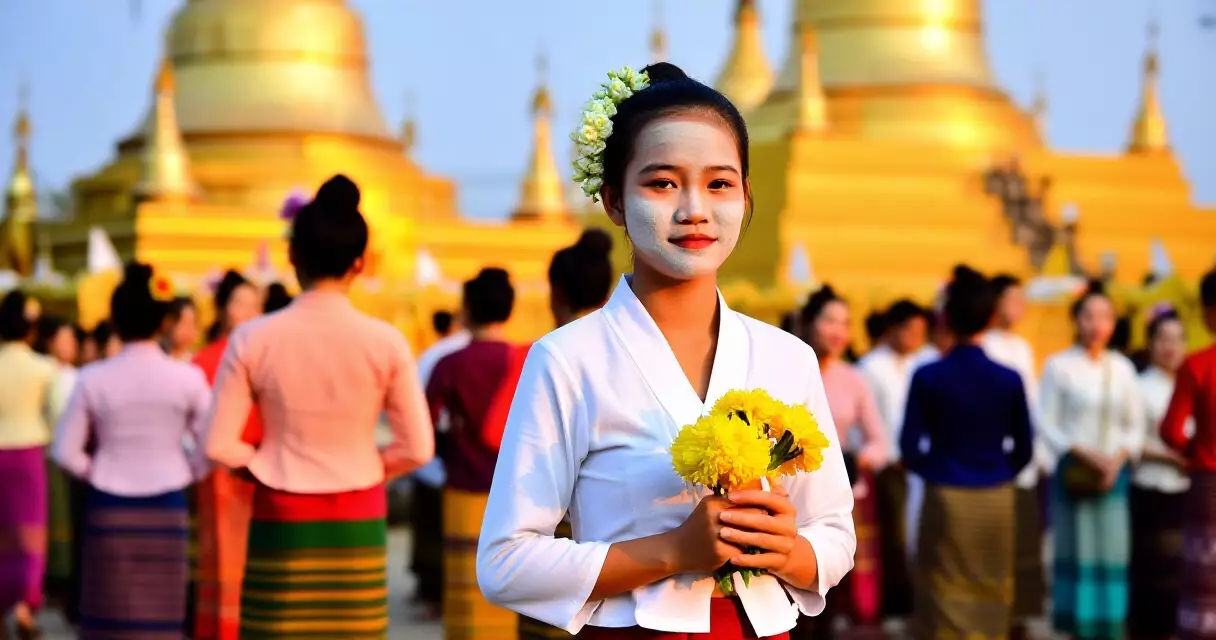 ထဘီနှင့် ရင်ဖုံးအင်္ကျီ ဝတ်ဆင်ကာ သနပ်ခါး လိမ်းထားသော အမျိုးသမီး ဘုရားပွဲတော်တွင်