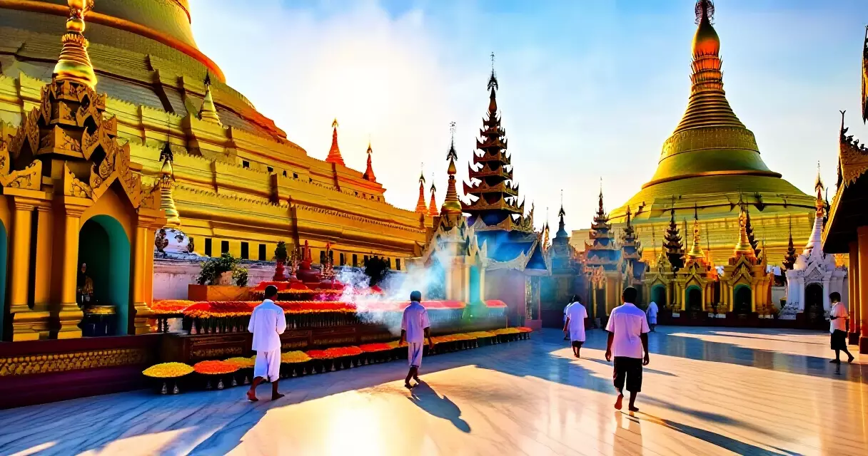 ရန်ကုန် ဘုရားဝင်းတွင် ဖိနပ်မပါ လမ်းလျှောက်နေသော ဘုရားဖူးများ နံနက်ရောင်ခြည်ထဲ