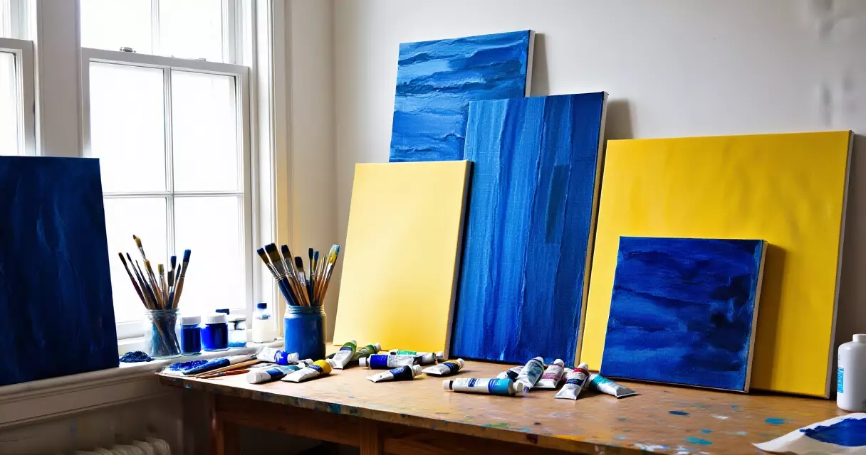 Contemporary painting studio with indigo canvases and artist's tools in natural light