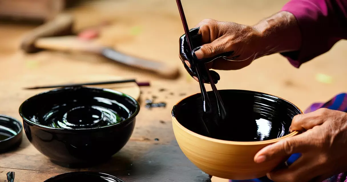 မြန်မာ့ရိုးရာ အလုပ်ရုံတွင် ဝါးခွက်ပေါ်သို့ ယွန်းရည် သုတ်နေသော လက်မှုပညာရှင်