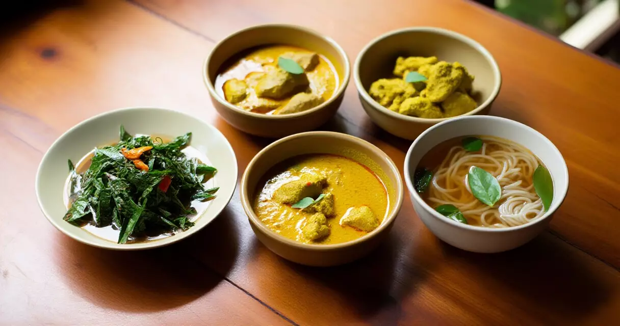မြန်မာ့ ရိုးရာ ဟင်းလျာများ — မုန့်ဟင်းခါးနှင့် ဆမ်းများ ထားသည့် ထမင်းပွဲ