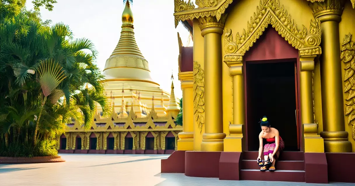 ရန်ကုန် ဘုရားကျောင်းဝင်ပေါက်တွင် ဖိနပ်ချွတ်နေသော ဗမာအမျိုးသမီး