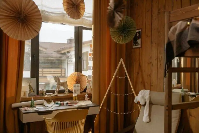 Warm wooden room interior featuring creative decor elements and natural light.