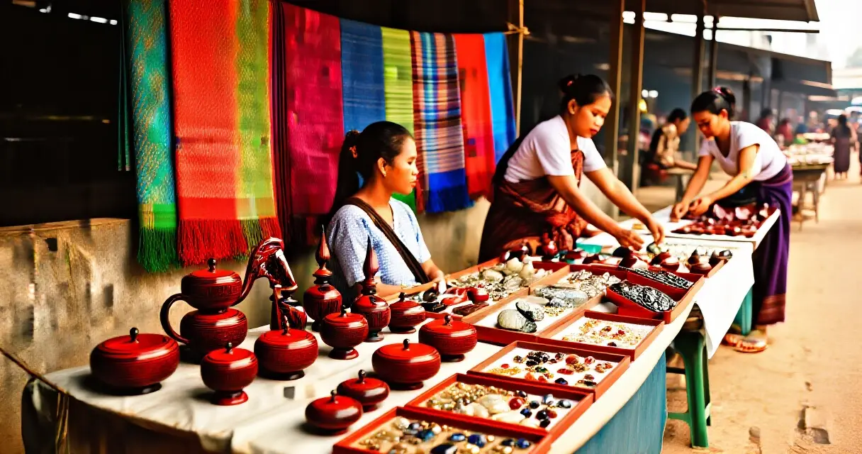 ရန်ကုန်ရိုးရာစျေးပွဲတွင် လက်မှုပညာပစ္စည်းများ ရောင်းချနေသည့်ပုံရိပ်